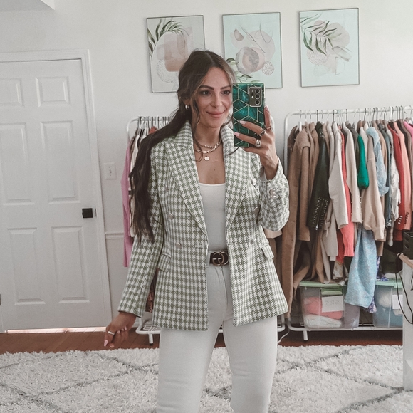 Zara Jackets & Coats Zara Mint Green Double Breasted Houndstooth